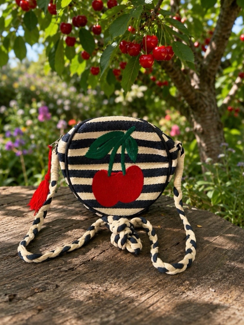 Paper Source Striped Round Crossbody Bag with Cherry Applique-NWOT